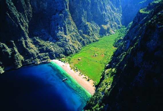 Butterfly Valley and blue sea, from above